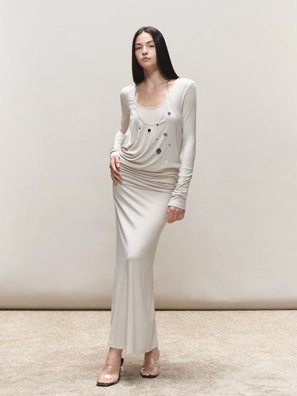 Faux-Two-Piece Halter Sequin Maxi Dress