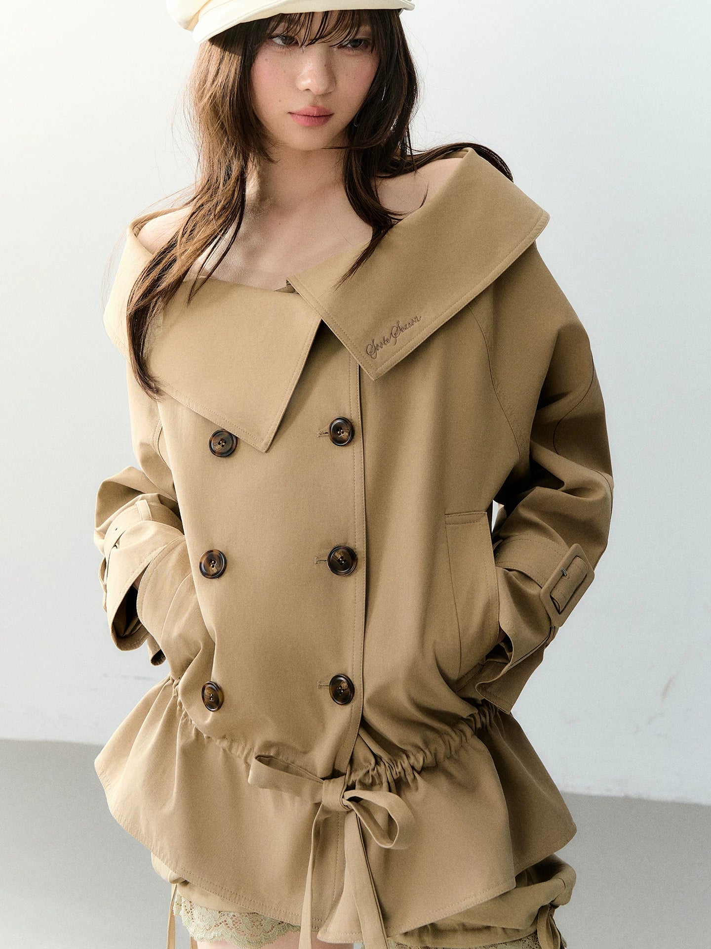 Khaki Lyocell Off Shoulder Trench