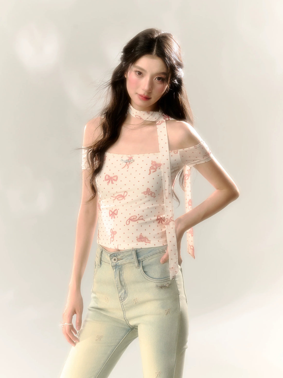 Red Polka Dot &amp; Pink Butterfly Mesh One-shoulder T-shirt