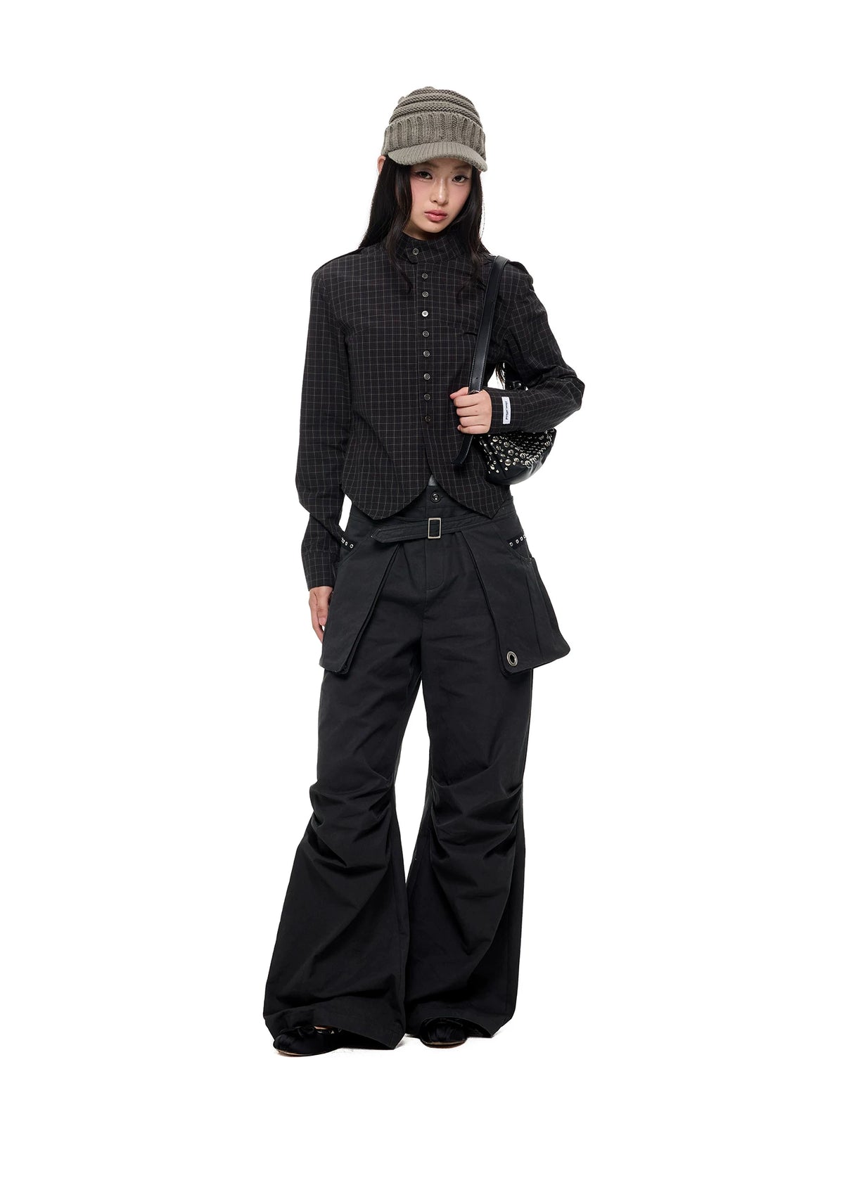 Black Plaid Stand Collar Shirt