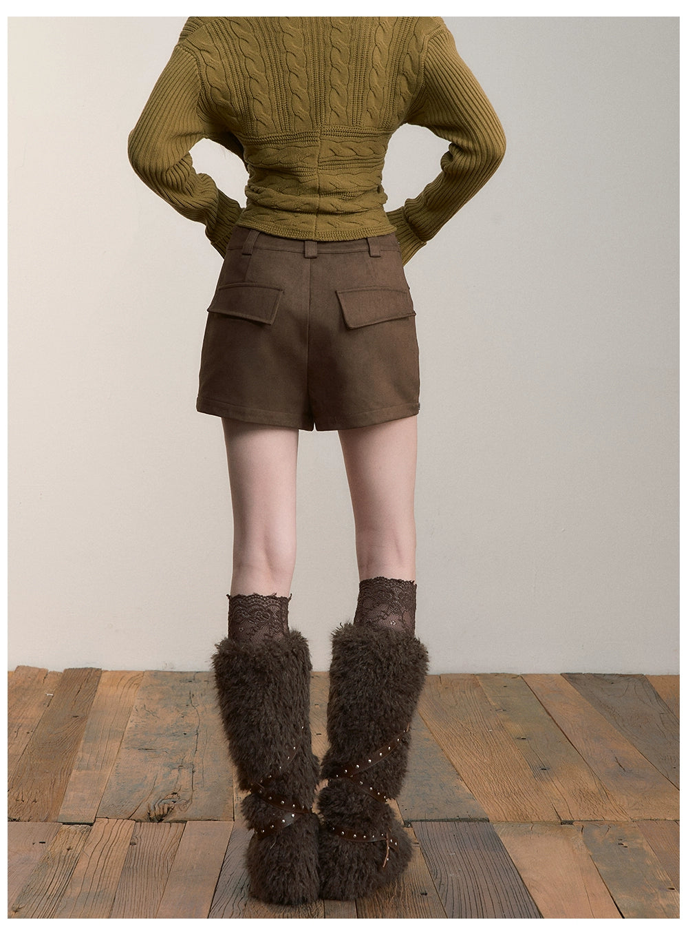 Brown Studded Faux Suede Shorts