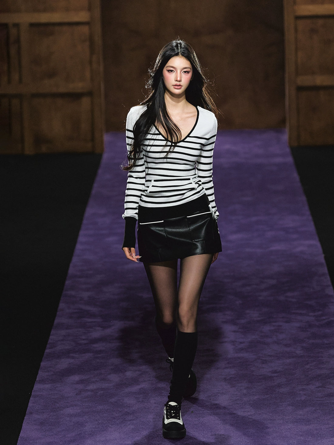 Striped V-Neck Epaulet Long-Sleeve Tee