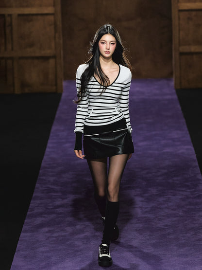 Striped V-Neck Epaulet Long-Sleeve Tee