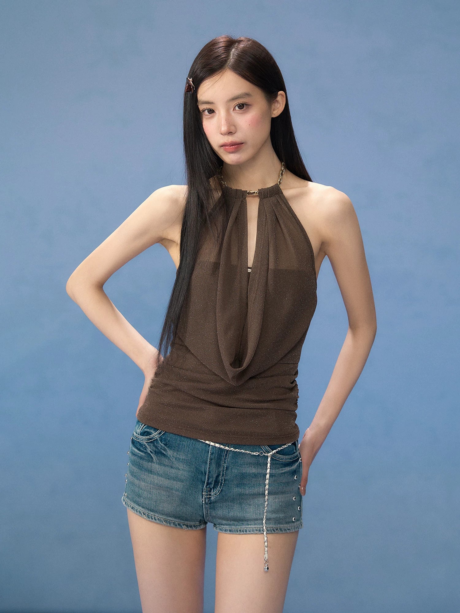 Metal Ring Halter Mesh Camisole