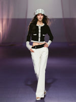 White Sequin-Trim Micro-Flare Pants