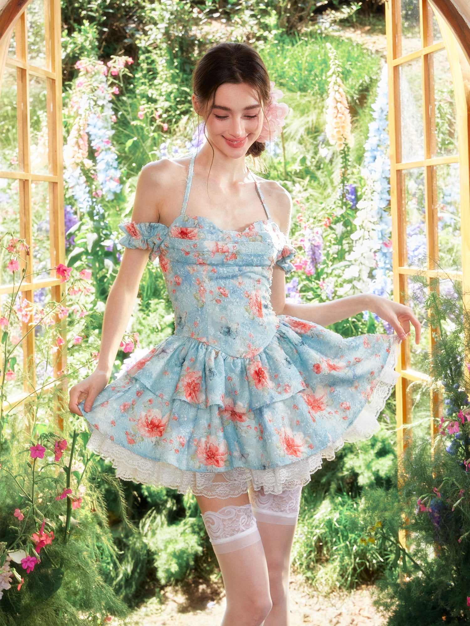 Floral Lace Halter Puff Short Dress