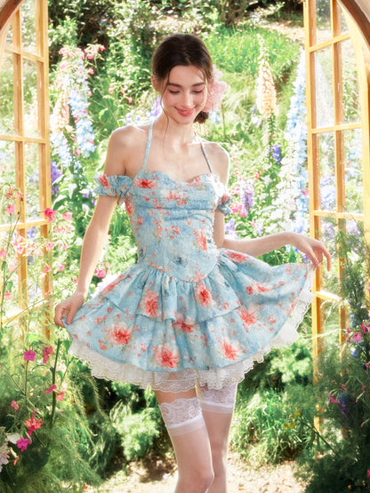 Floral Lace Halter Puff Short Dress