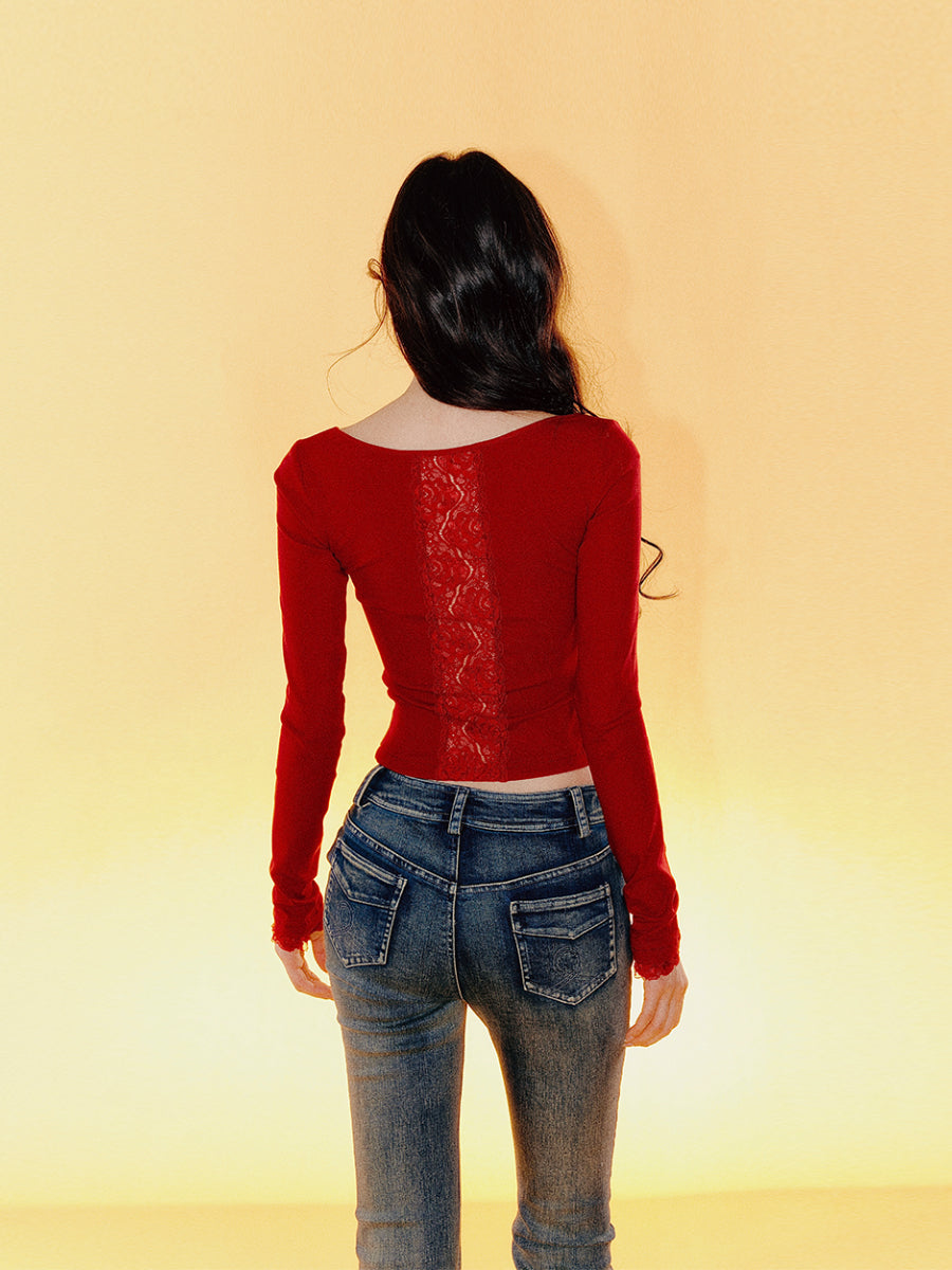 Lace Backless Tie-Up Long Sleeve T-shirt