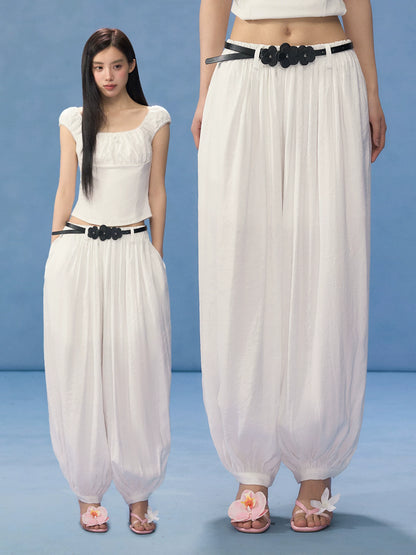 Floral Belt Balloon Wide-Leg Pants