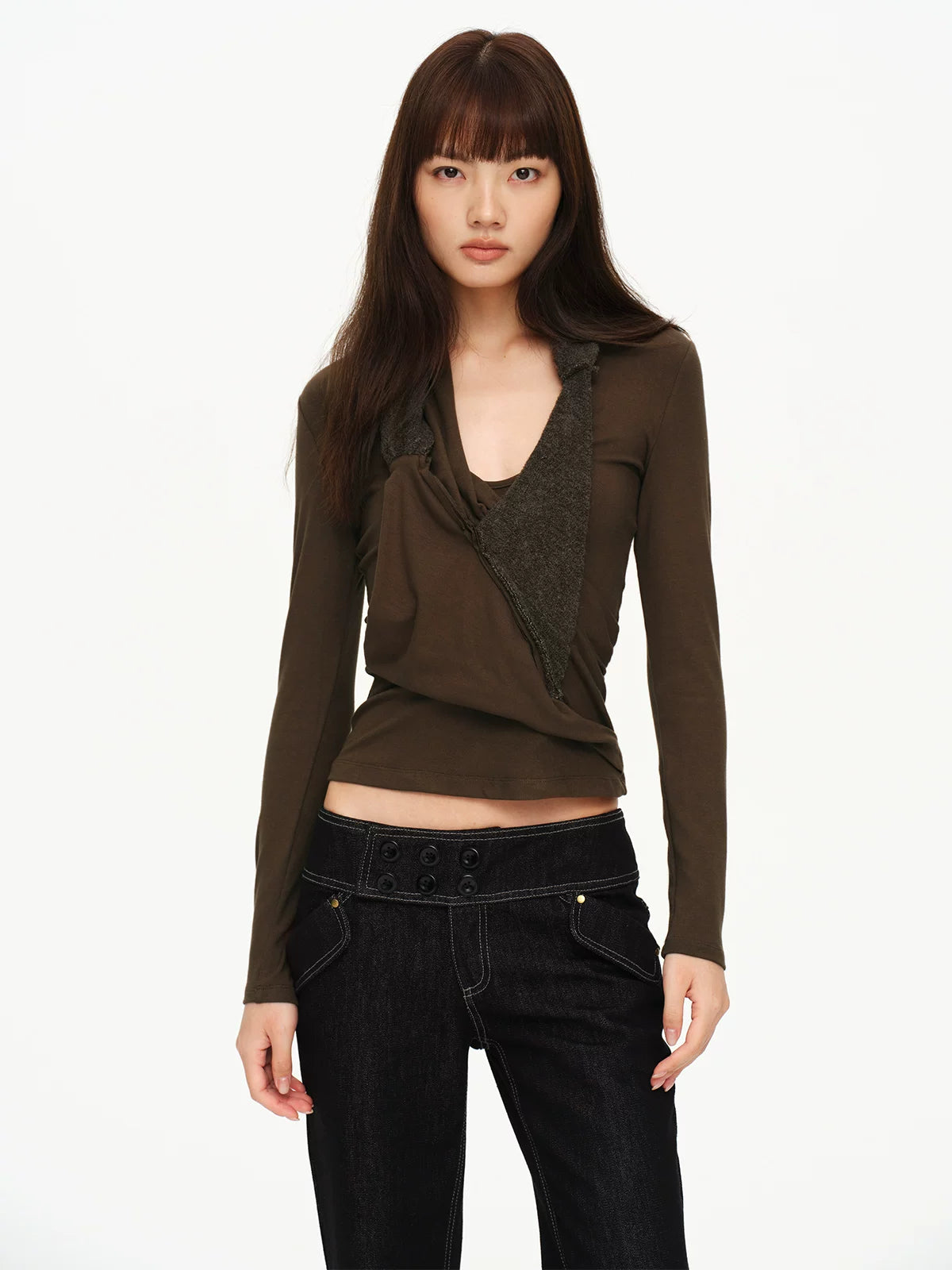 Brown Green Ruched Panel Top