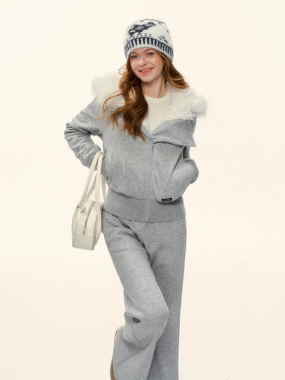 Fleece Waist-Tightening Fur Hoodie &amp; Pants Set