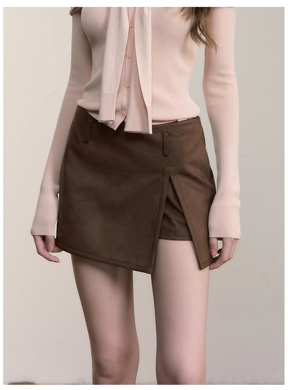 Brown Side-Slit Faux Suede Skort