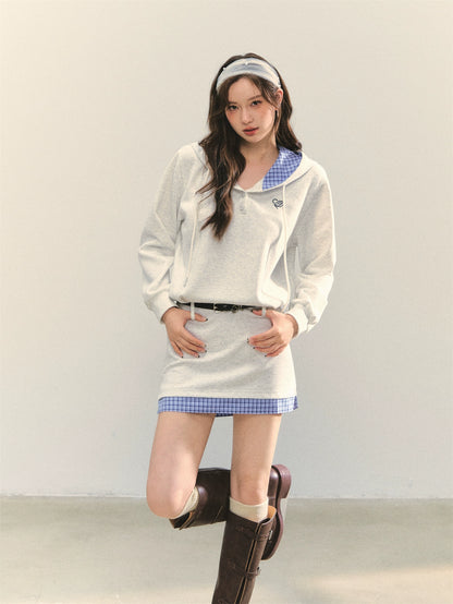 Gray Floral Checkered Patchwork Hoodie Dress