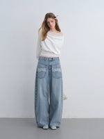Lace Pocket Washed Curved Denim Jeans
