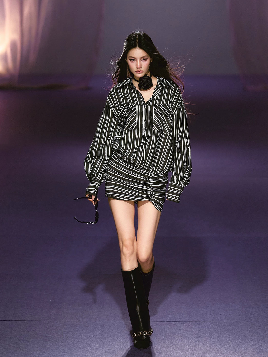 Detachable Floral Striped Shirt Dress