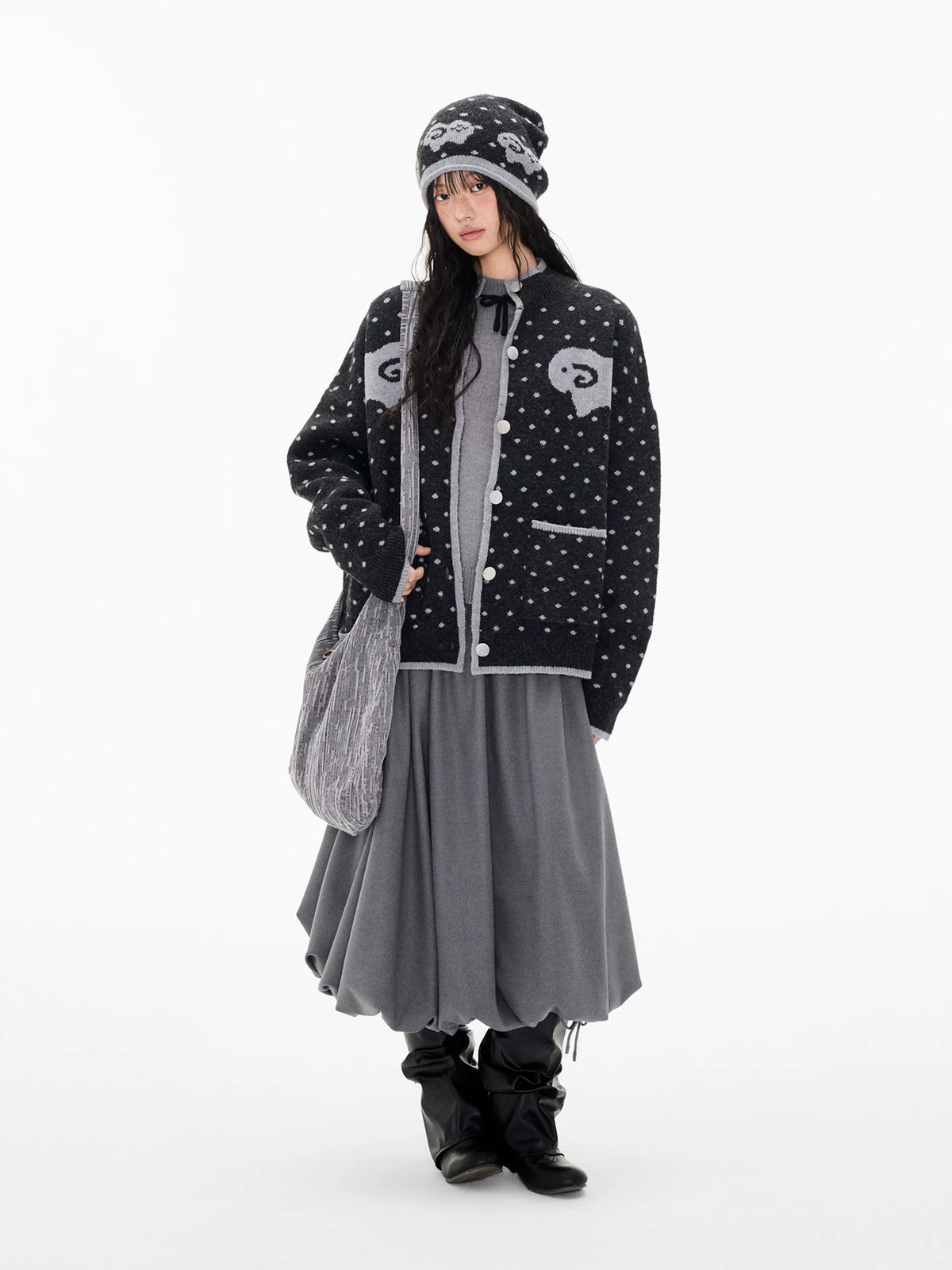 Contrast Sheep Jacquard Knit Cardigan