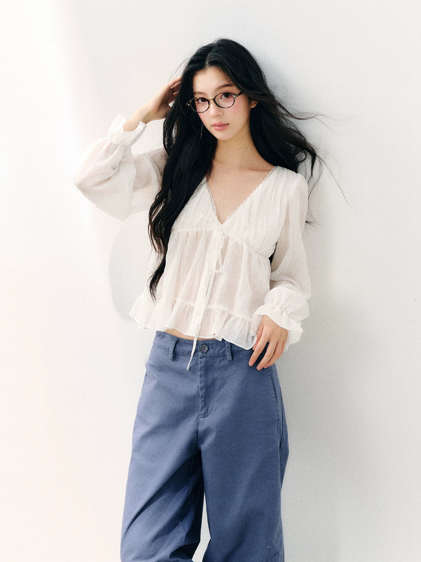 White Ruffle V-neck Blouse