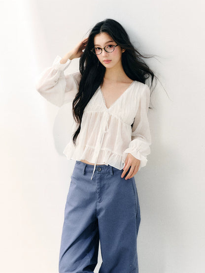 White Ruffle V-neck Blouse