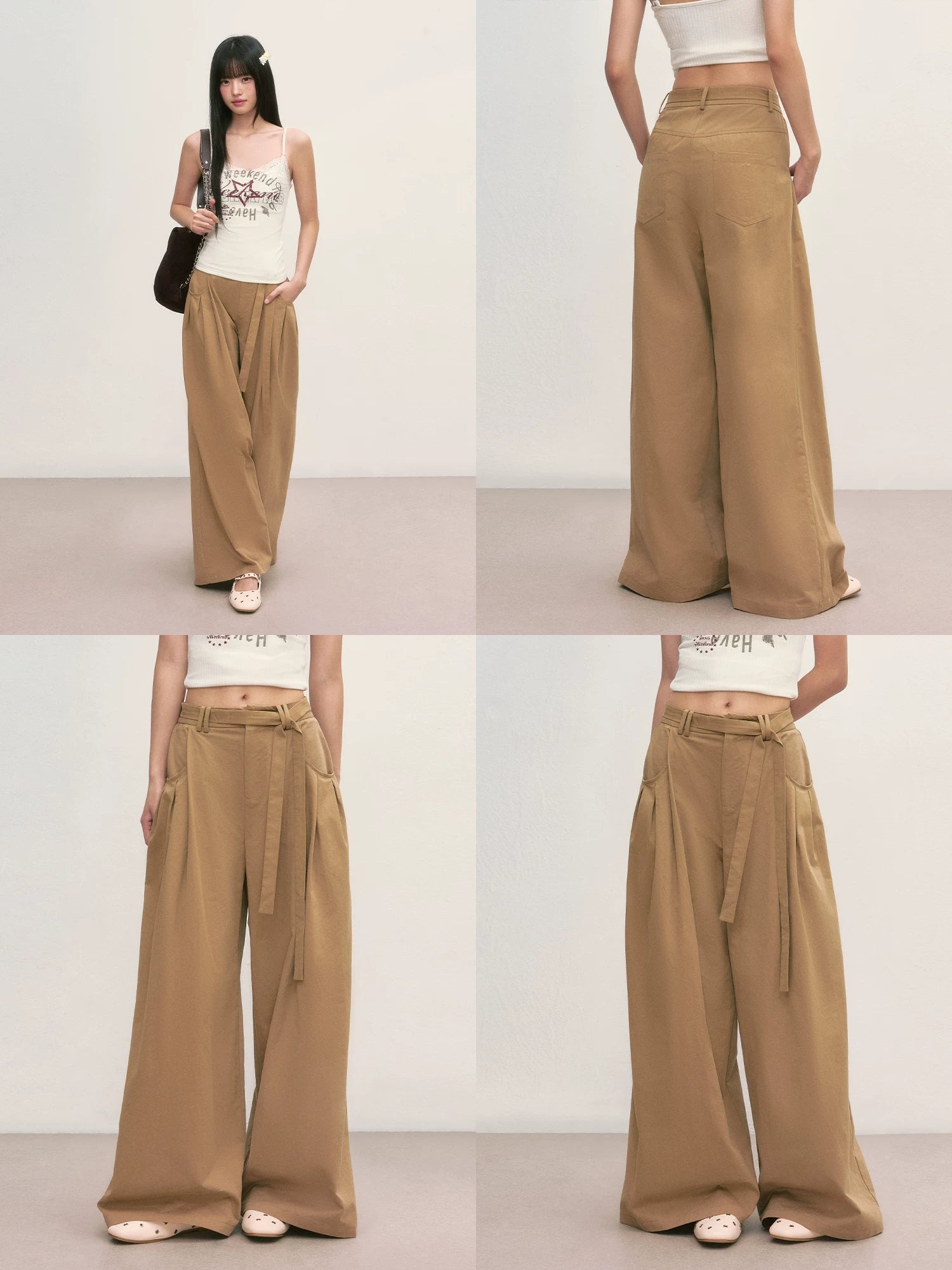 Khaki Tie-Waist Wide-Leg Pants