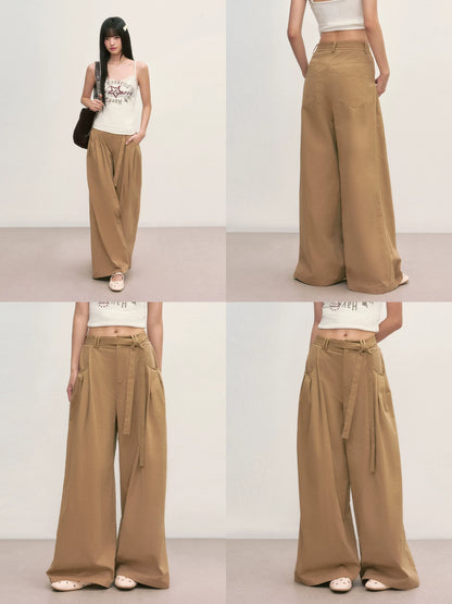 Khaki Tie-Waist Wide-Leg Pants