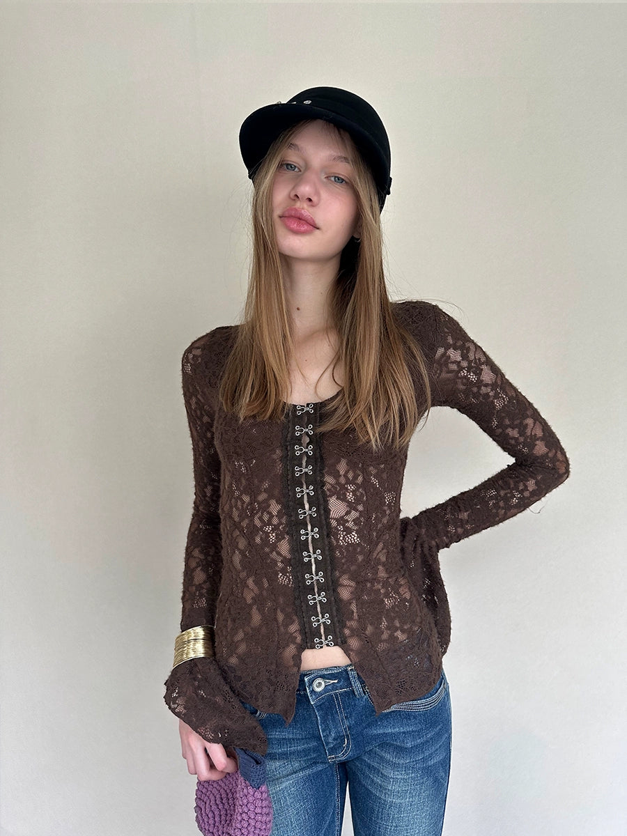 Lace Button Flare-Sleeve Top