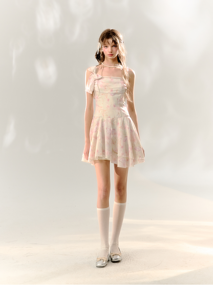 White Butterfly Print Cinched Waist Dress