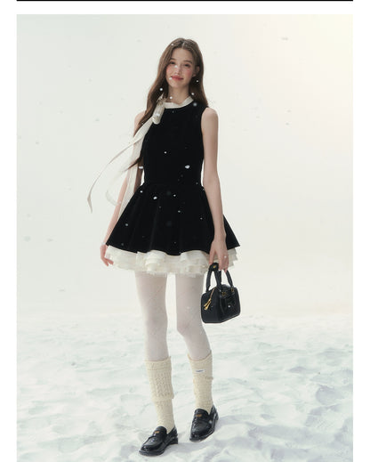 Black Velvet Bow Mini Dress