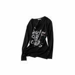 Cat Print Open-Back Long-Sleeve T-shirt