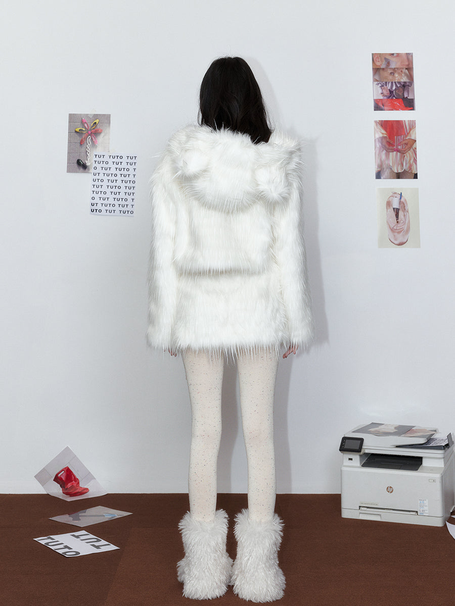 White Hooded Fur Coat