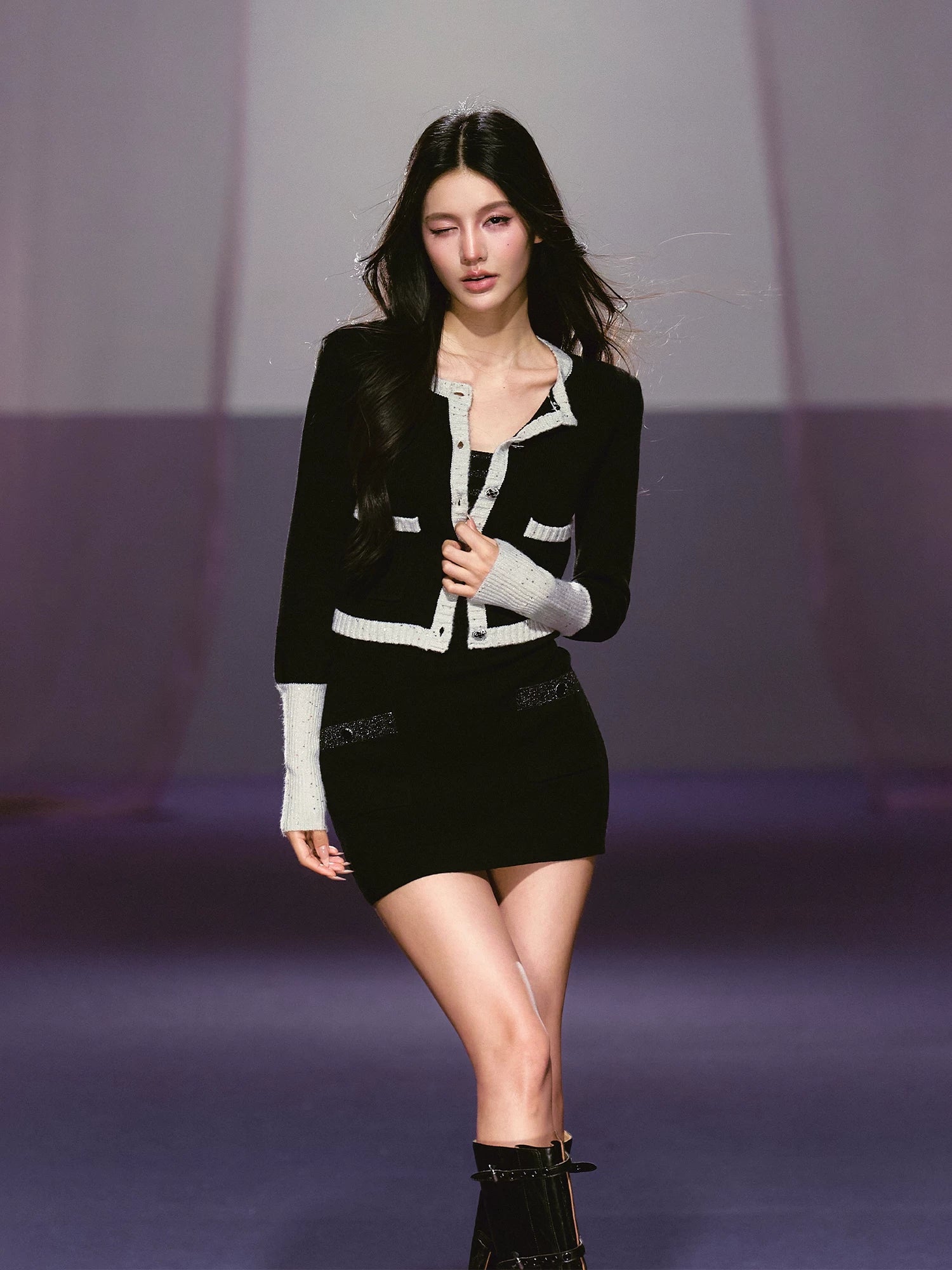Black &amp; White Contrast Knit Cardigan