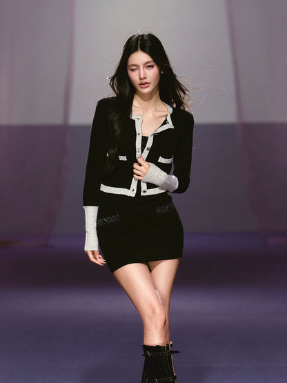 Black &amp; White Contrast Knit Cardigan