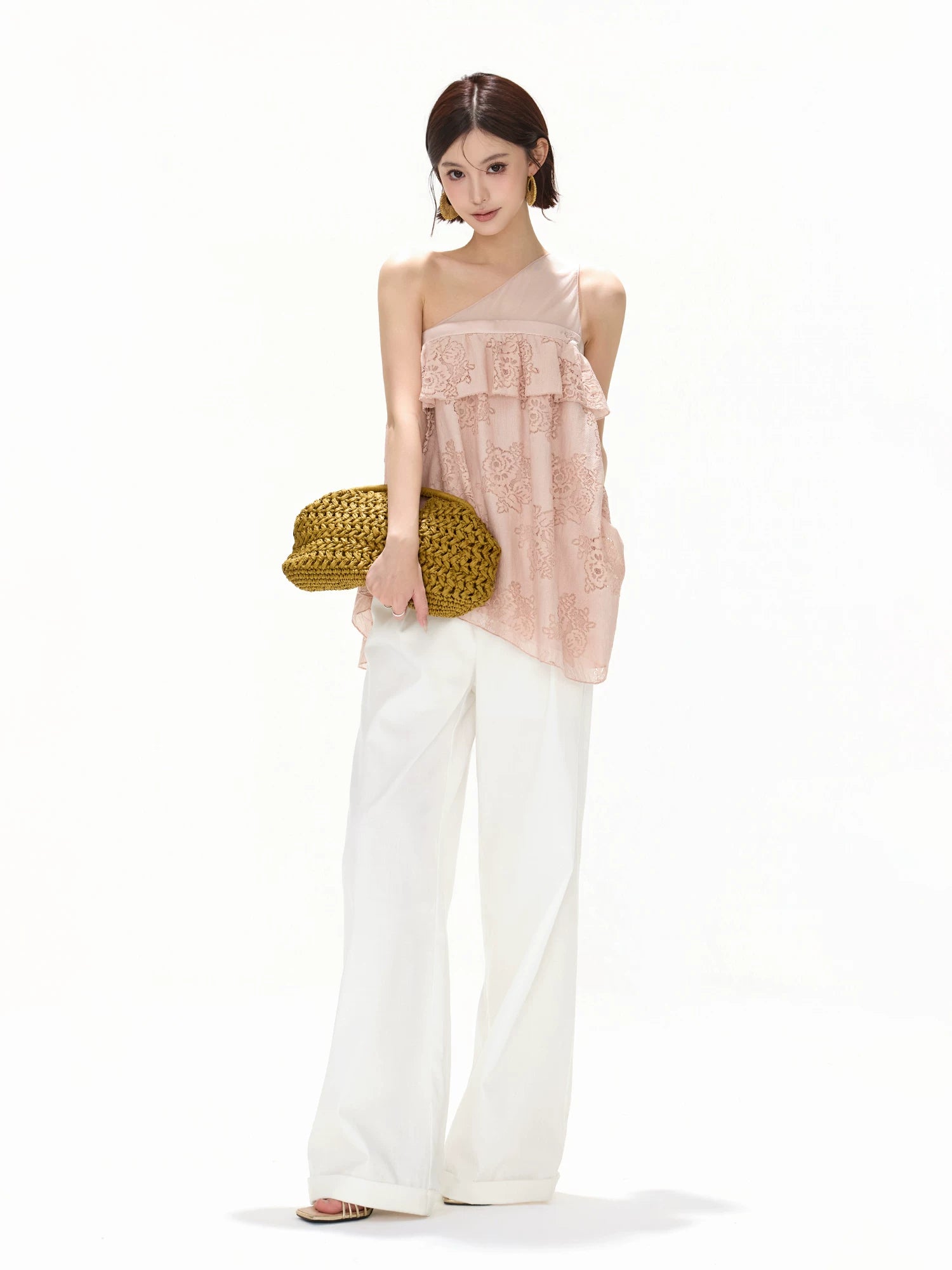 Mesh One-Shoulder Lace Top