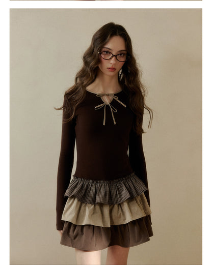 Brown &amp; White Knit Plaid Tiered Dress