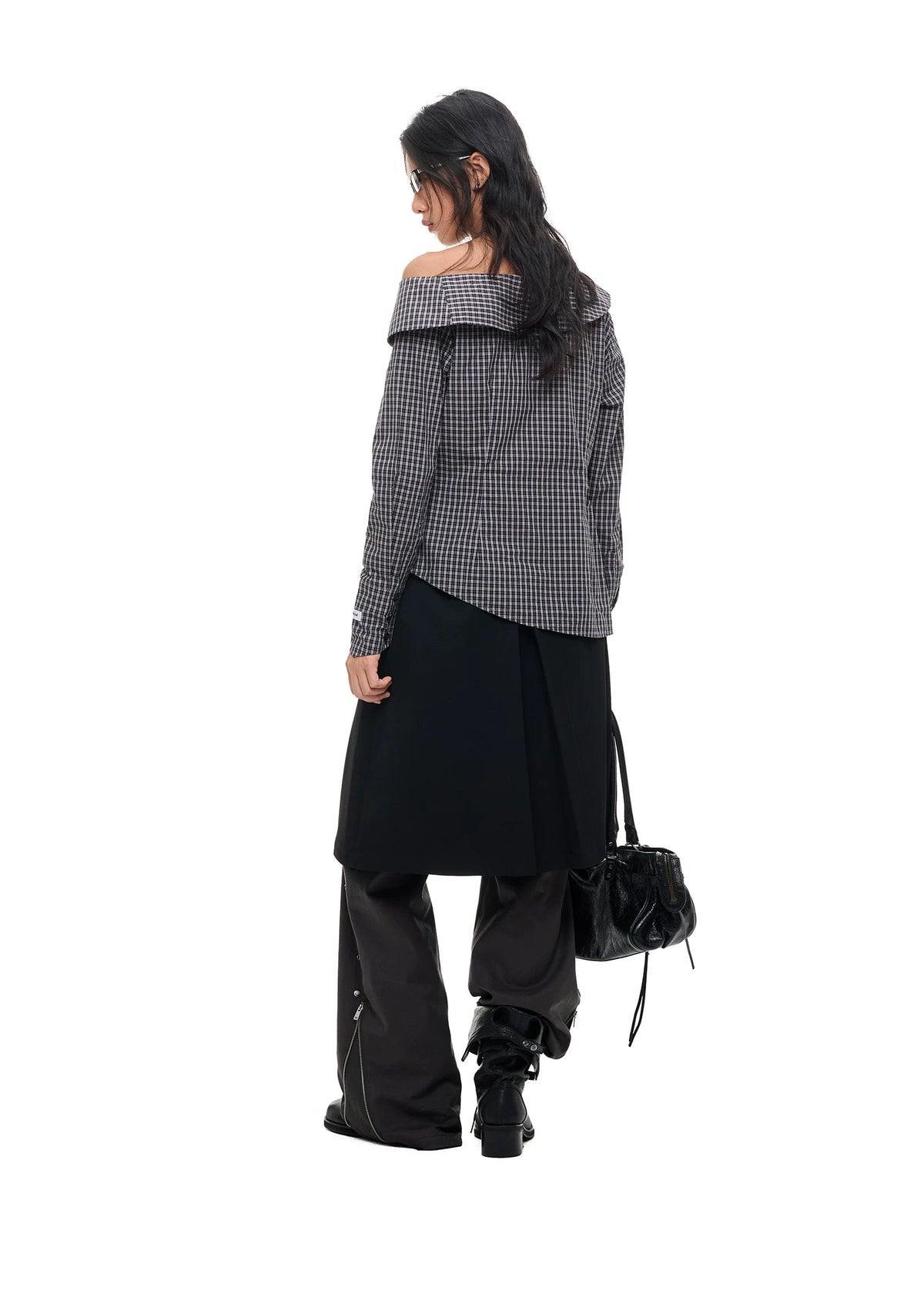 Asymmetric Plaid Off-Shoulder Shirt