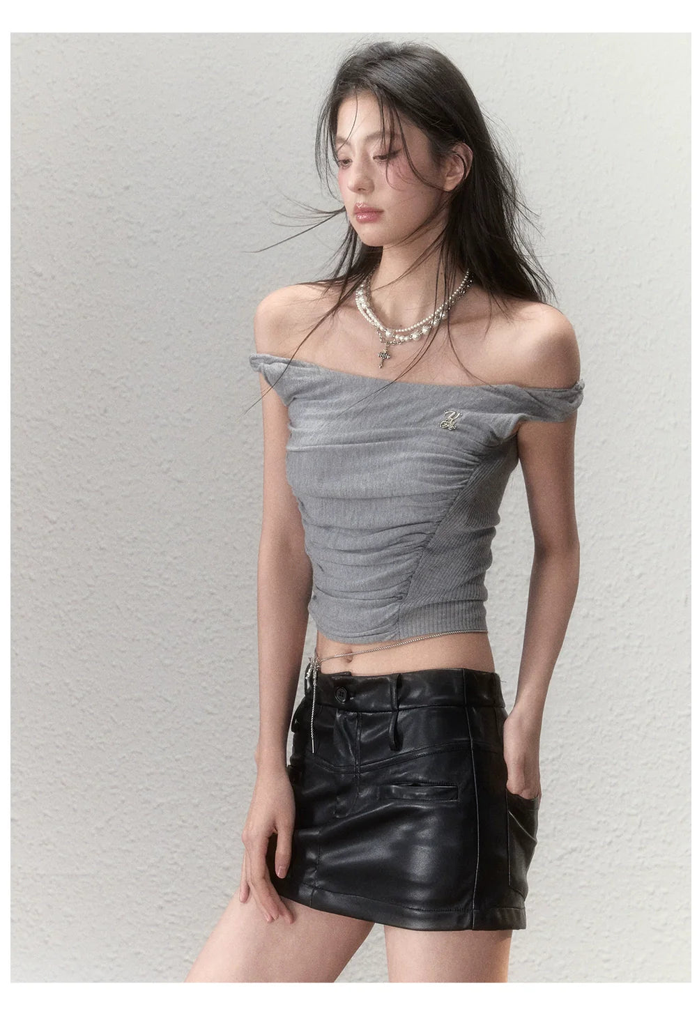 Waistline Ruched Off‑shoulder Knit Top