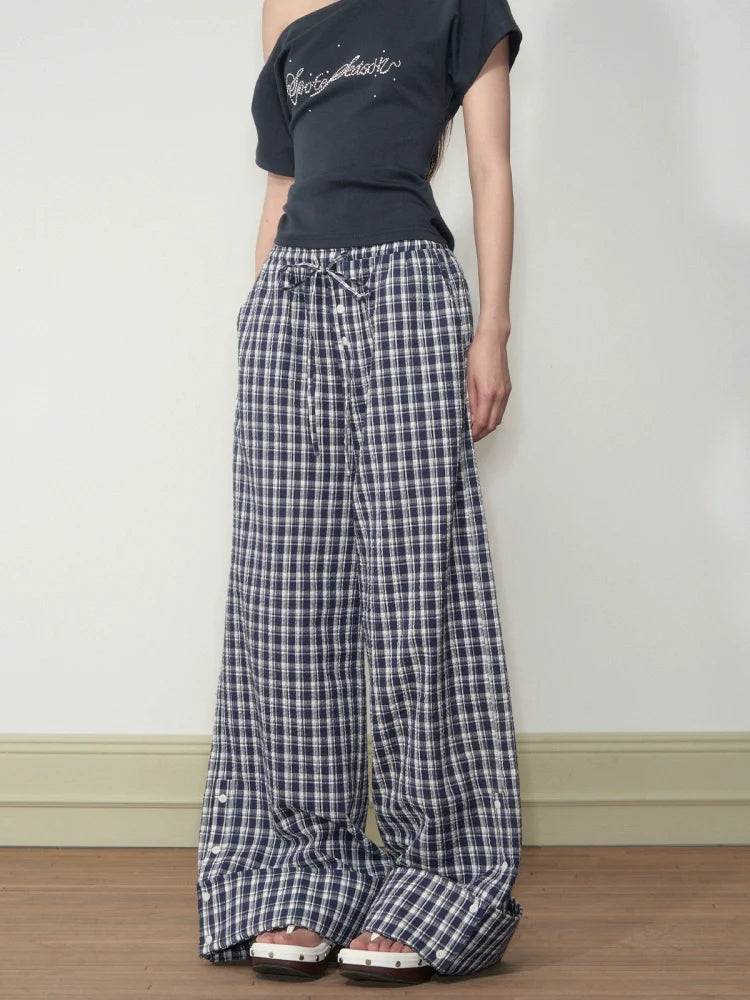 Flapped Loose Navy Checkered Pants