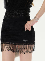 Black Sequin-Waist Halter Dress