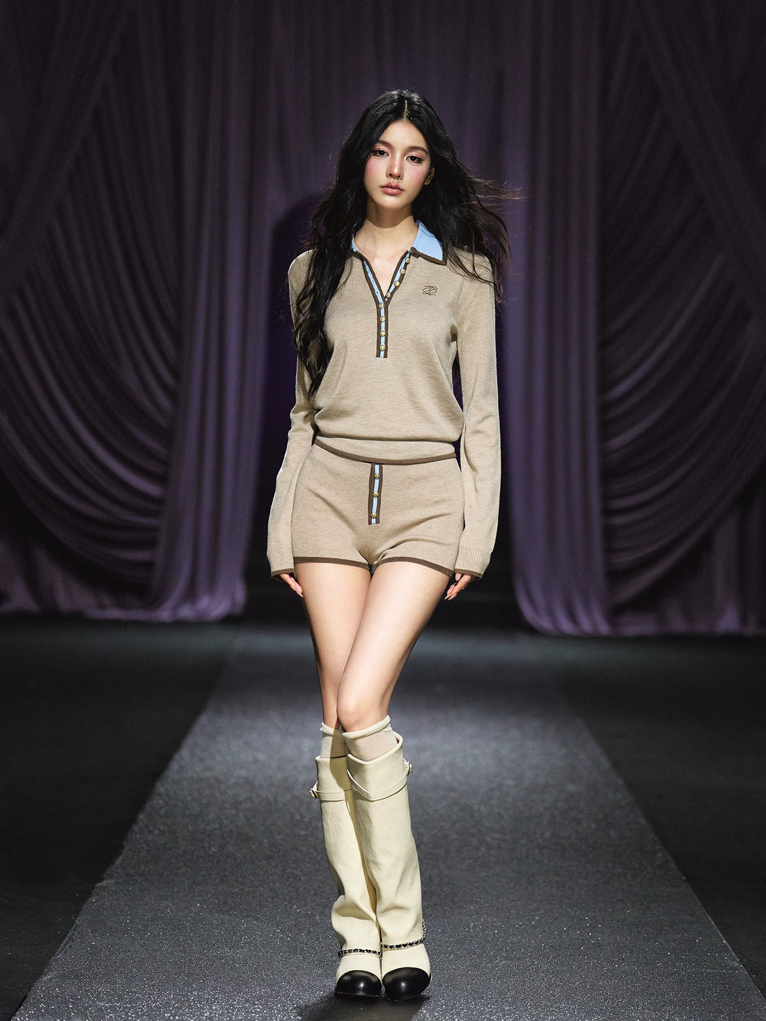 Contrast Tie-Neck Polo Knit Set