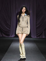 Contrast Tie-Neck Polo Knit Set