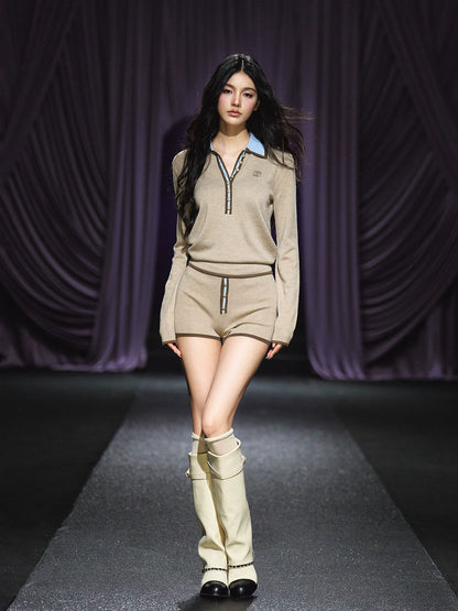 Contrast Tie-Neck Polo Knit Set