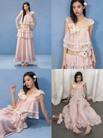 Pink Lace Square Neck Top &amp; Skirt Set