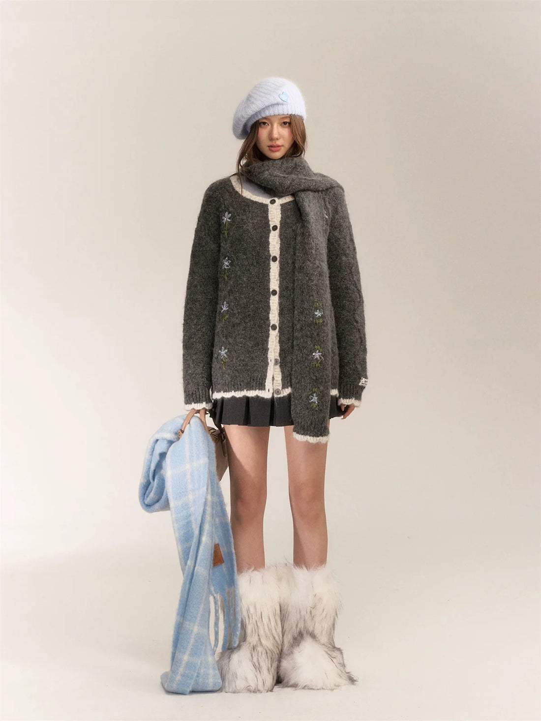 Handcrafted Floral Wool Knit Cardigan & Scarf