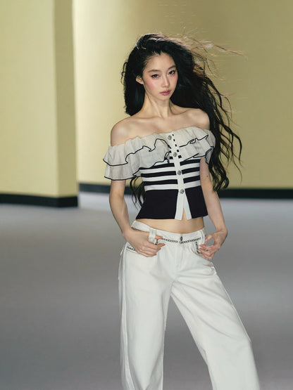Ruffle Trim One Shoulder Knit Top