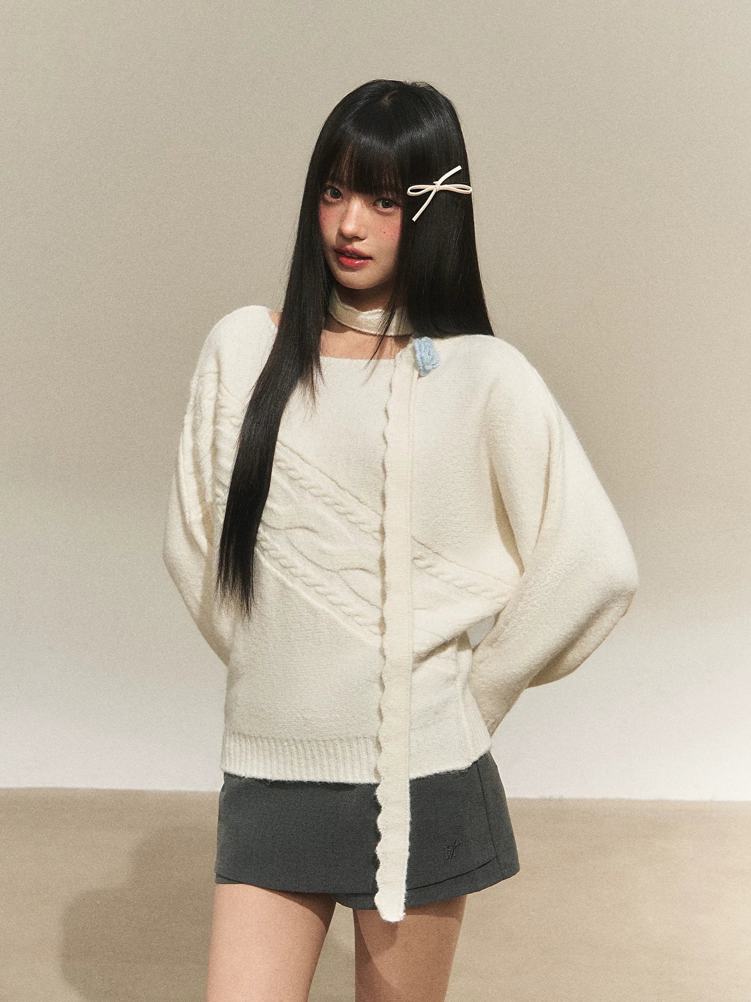 Lazy Floral Scarf Neck Sweater