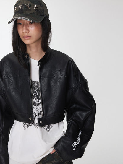 Letter Print Structured Cropped Moto Leather Jacket