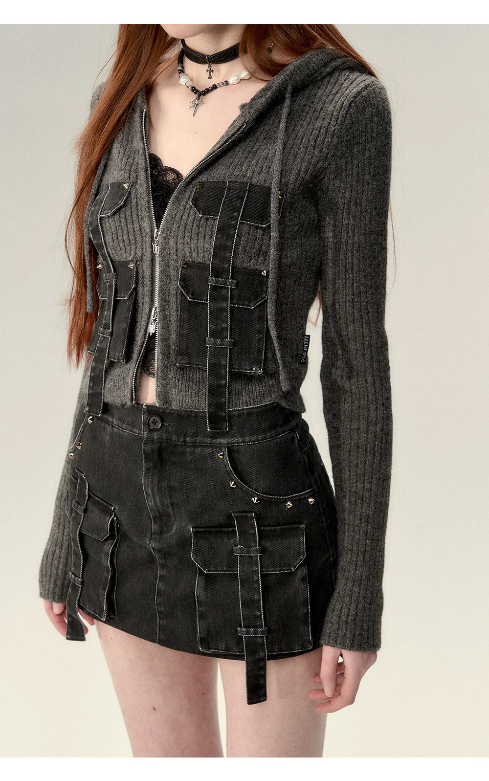 Coffee &amp; Gray Patchwork Drawstring Cardigan