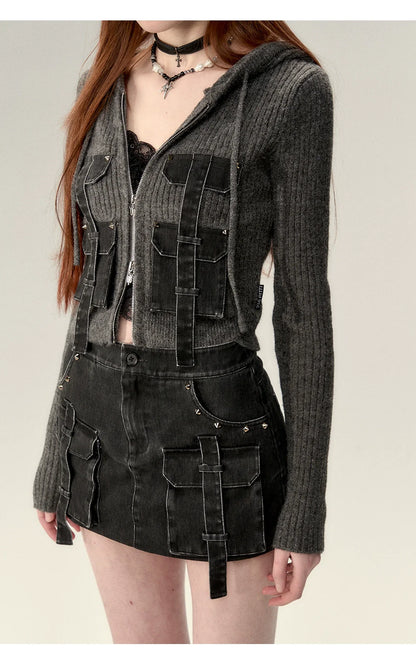 Coffee &amp; Gray Patchwork Drawstring Cardigan