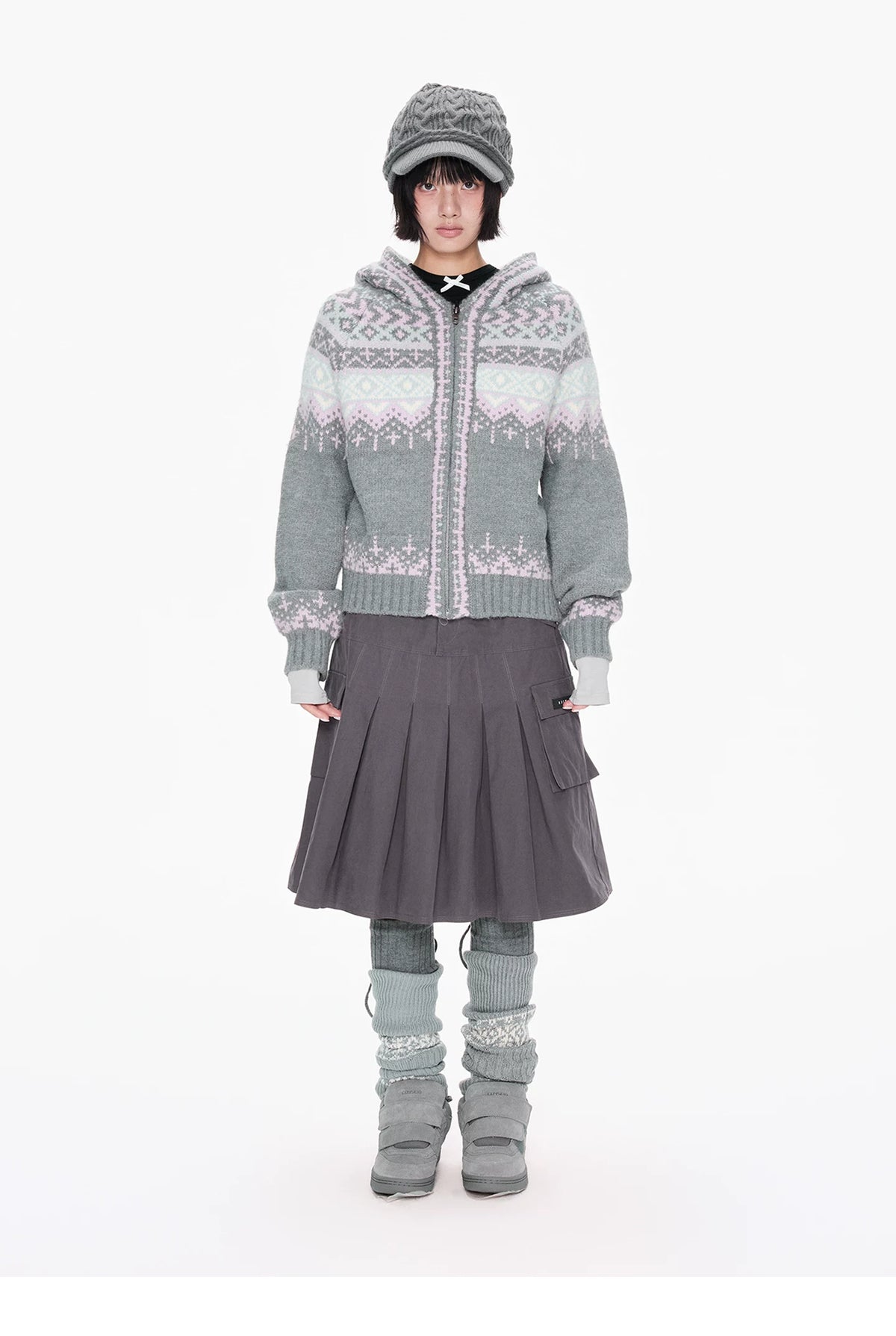 Gray Hooded Zip Knit Cardigan