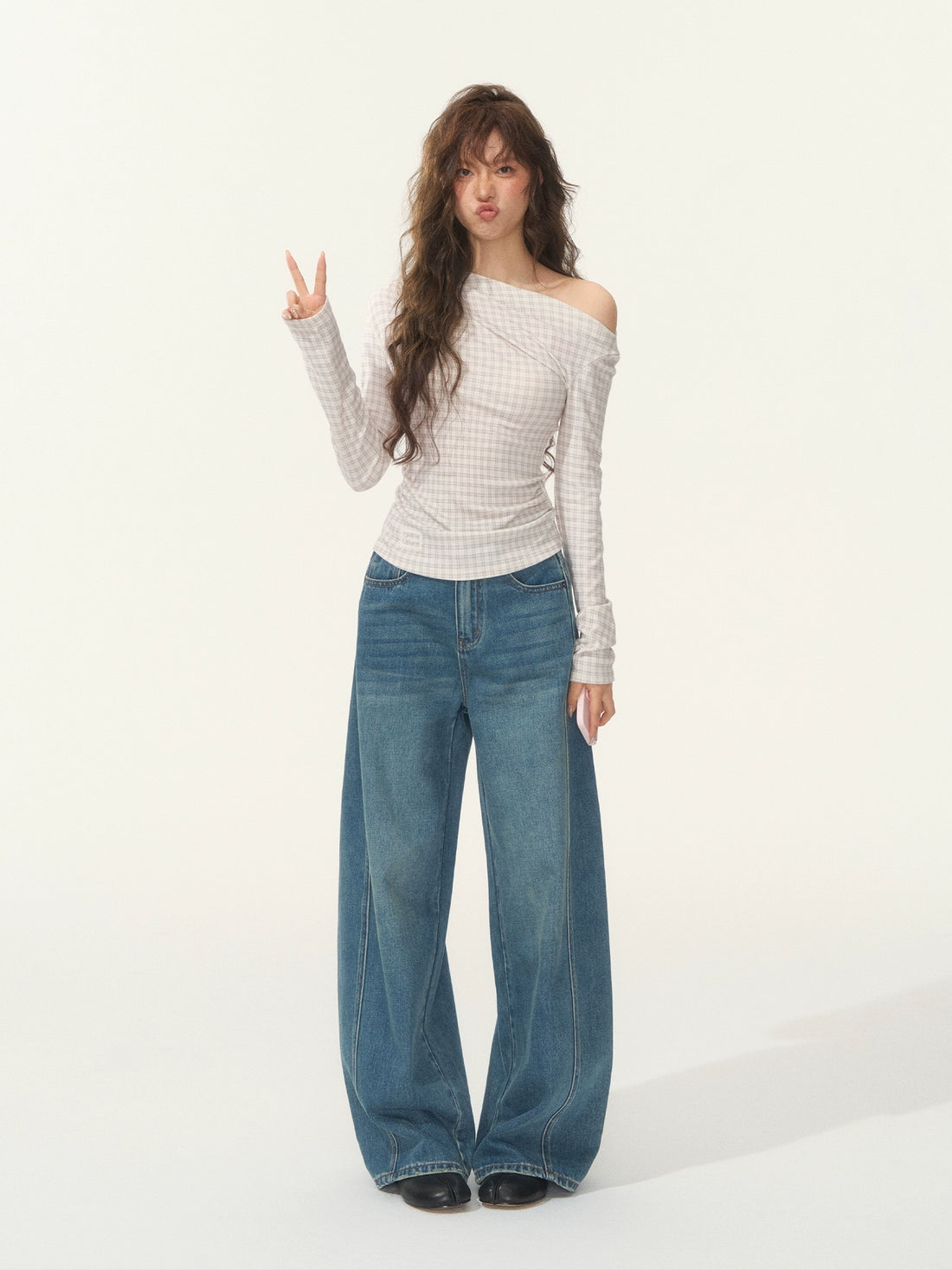 Velvet-Touch Plaid Draped Off-Shoulder Long Sleeve