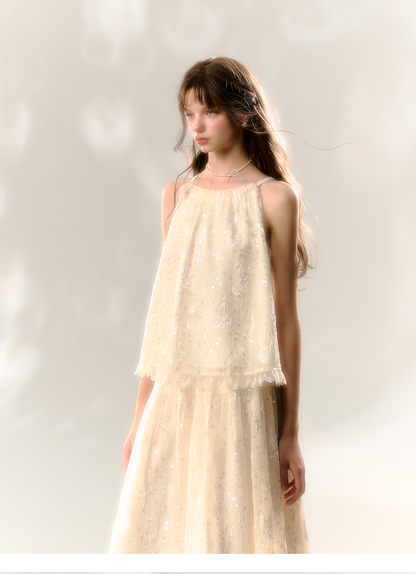 White Butterfly Lace Halter Top  &amp; Midi Skirt Set